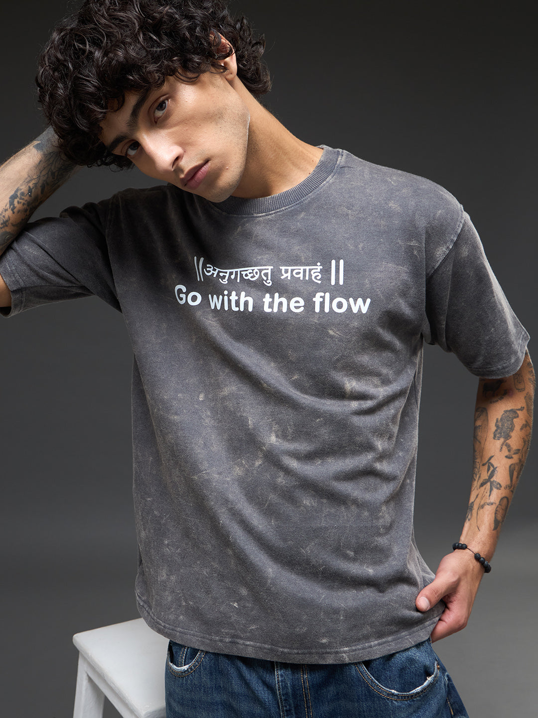 Rudrajap grey burnout oversized T-shirt with "Go With The Flow" print, casual and comfortable streetwear style.