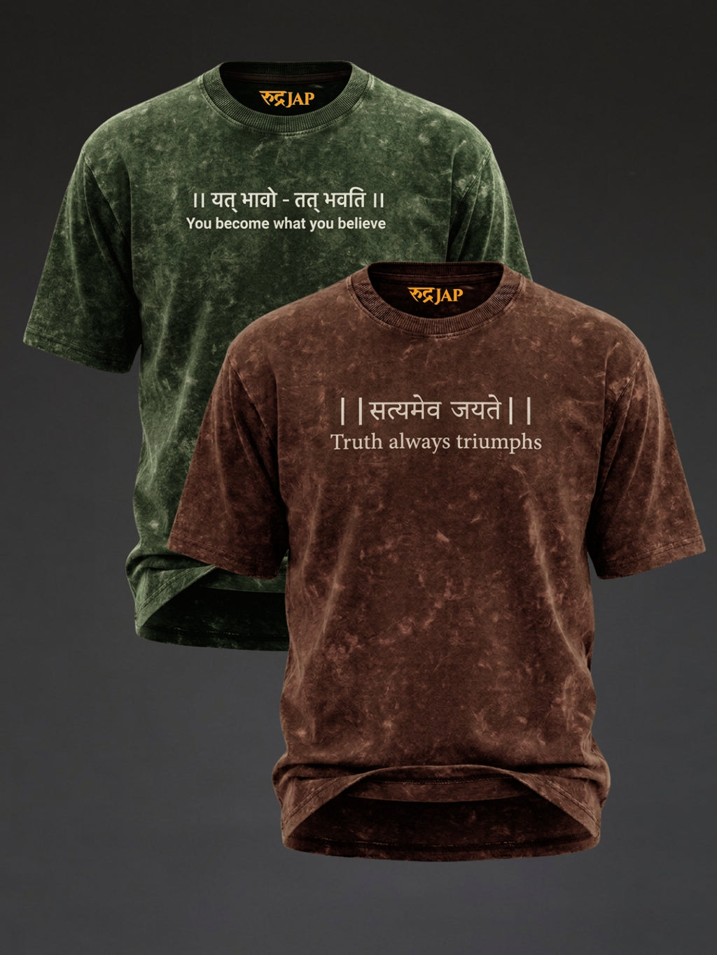 Oversized Rudrajap Truth Manifested Duo T-shirt pack with moss green and brown colors, featuring bold graphic designs.