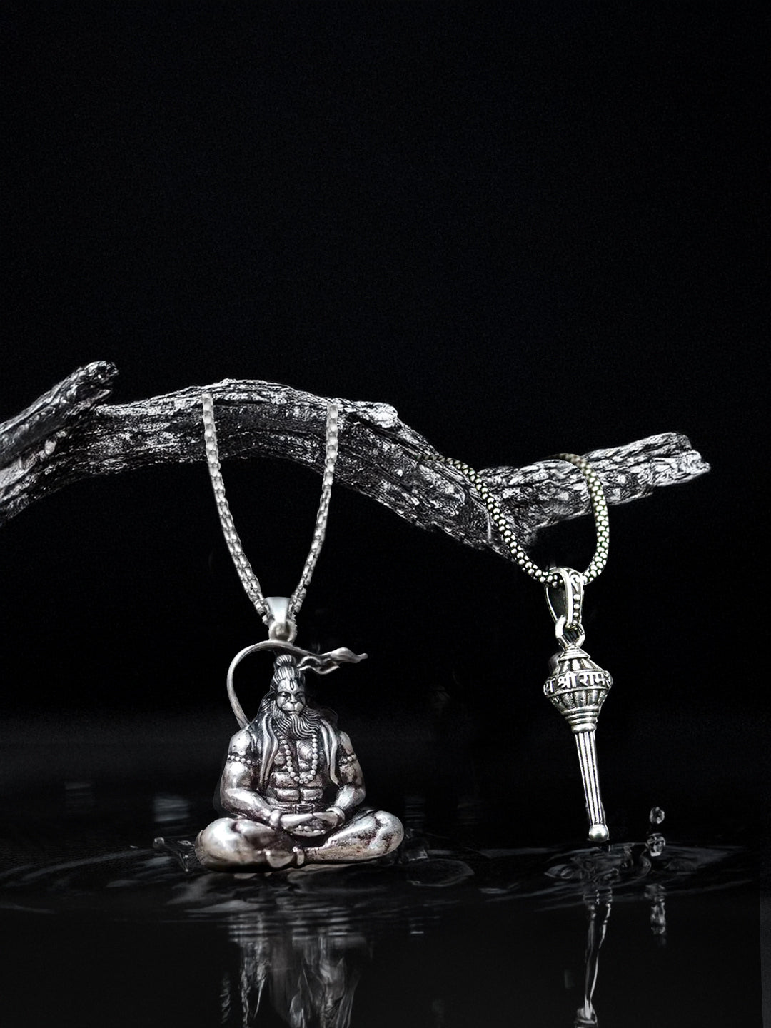 Bajrang Bali Hanuman Pendant and Hanuman Gadha Silver Combo