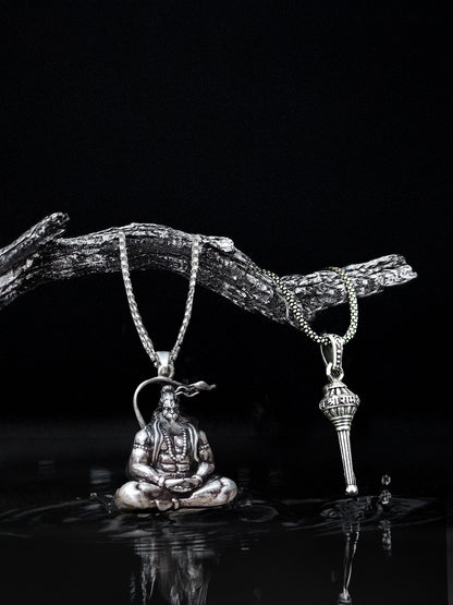 Bajrang Bali Hanuman Pendant and Hanuman Gadha Silver Combo