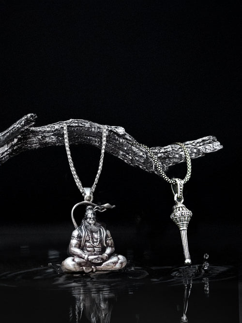 Bajrang Bali Hanuman Pendant and Hanuman Gadha Silver Combo - Rudrajap