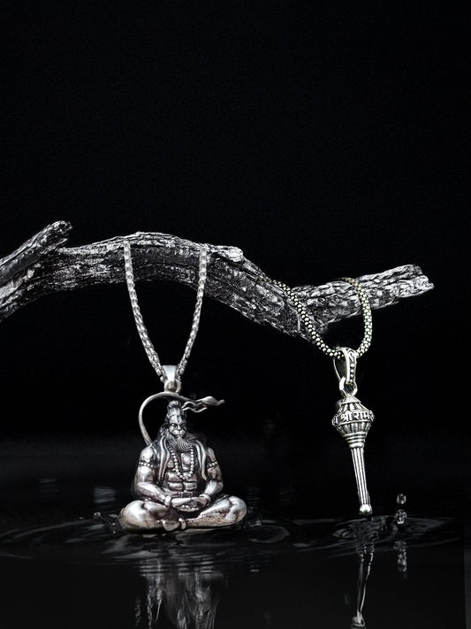 Bajrang Bali Hanuman Pendant and Hanuman Gadha Silver Combo
